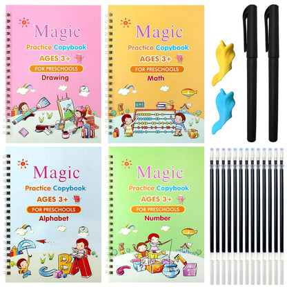 Magic Writing Books 4‑in‑1 — Alphabet, Numbers, Math & Drawing + Magic Pen (10 Refills, Soft Grip)