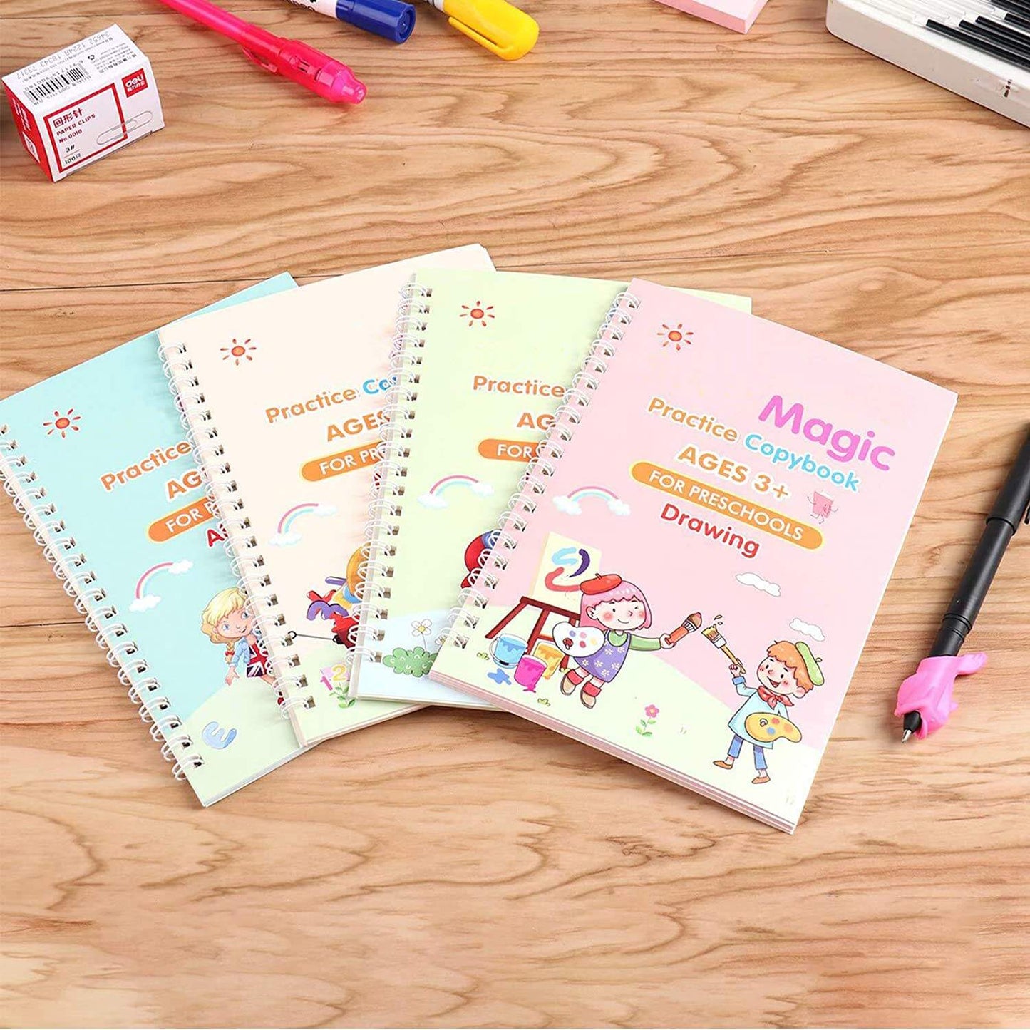 Magic Writing Books 4‑in‑1 — Alphabet, Numbers, Math & Drawing + Magic Pen (10 Refills, Soft Grip)